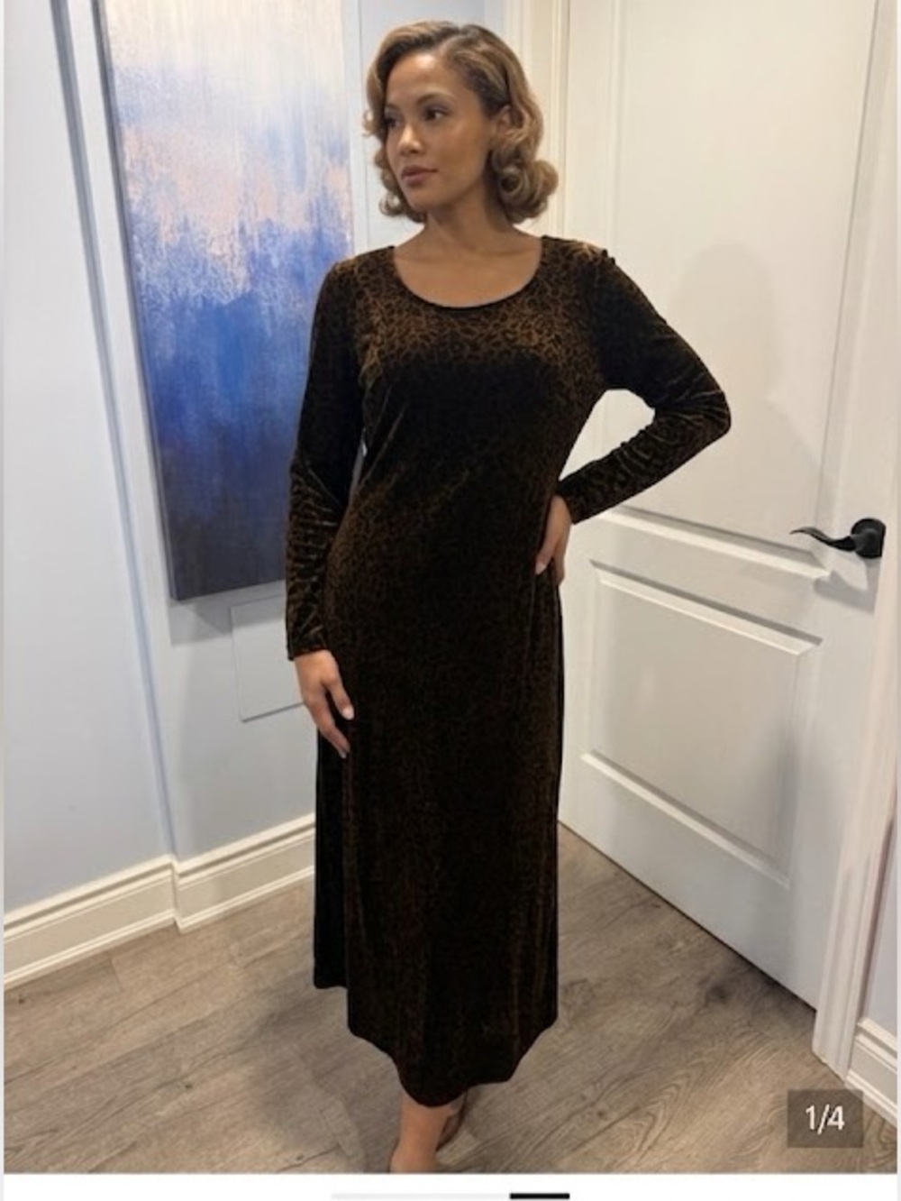 2 for 30$💗 Vintage Velvet Long-Sleeve Midi Dress in Animal Print